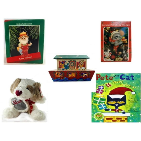 Christmas Fun Gift Bundle [5 Piece] - Hallmark Gone Fishing Handcrafted Ornament - Vintage Designed Stocking Hanger Mouse - Noah's Ark Card Storage Display Box Hallmark - Cuddly Friends Noel