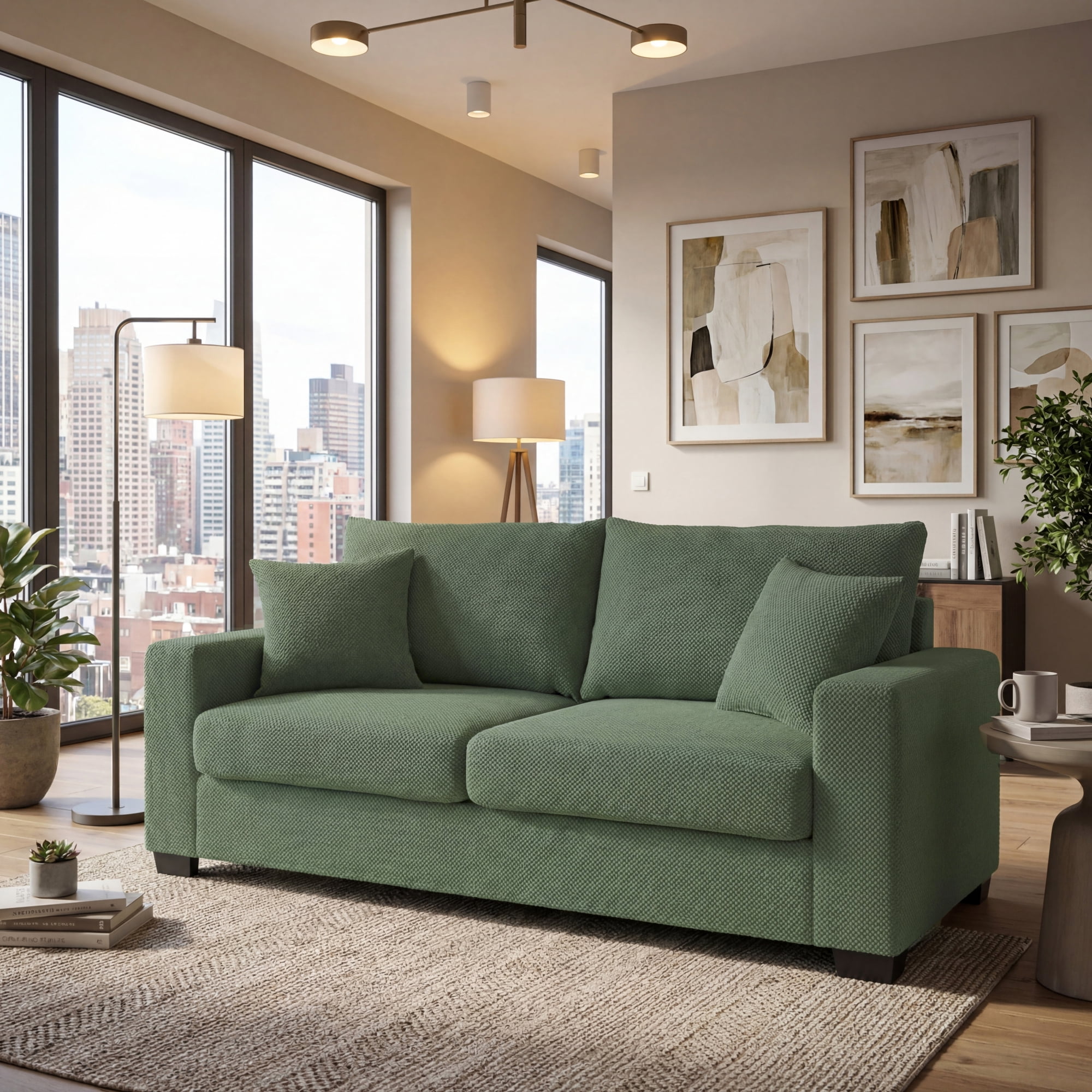 Leumius 69" Sofa for Living Room,Modern 2 Seater Couch for Small Space,Upholstered Loveseat with 2 Throw Pillows,Dark Green