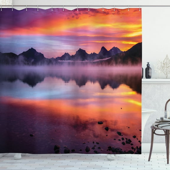 Ambesonne Glacier National Park Shower Curtain, Misty Sunset, 69"Wx70"L, Salmon Mauve