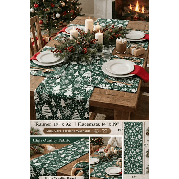 181 Degrees Christmas Table Runner with Placemats Set, Holiday Green Snowflake Design Table Decor, Farmhouse Dining Table Runner for Christmas Party & Winter Home Decor 68x14 Inch
