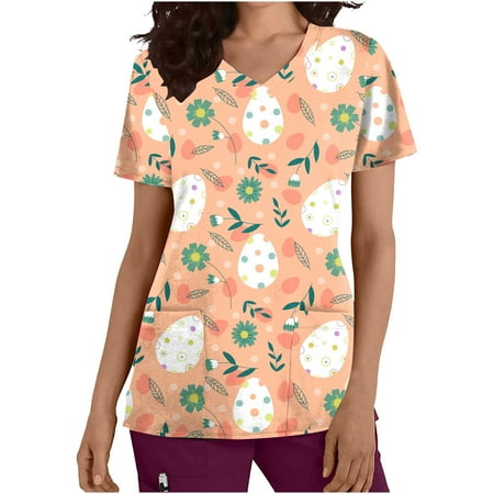 

atinetok Scrubs Tops For Women Summer Tops Happy Easter Plus Size T-Shirts Casual Dressy Short Sleeve V Neck Tops Blouses