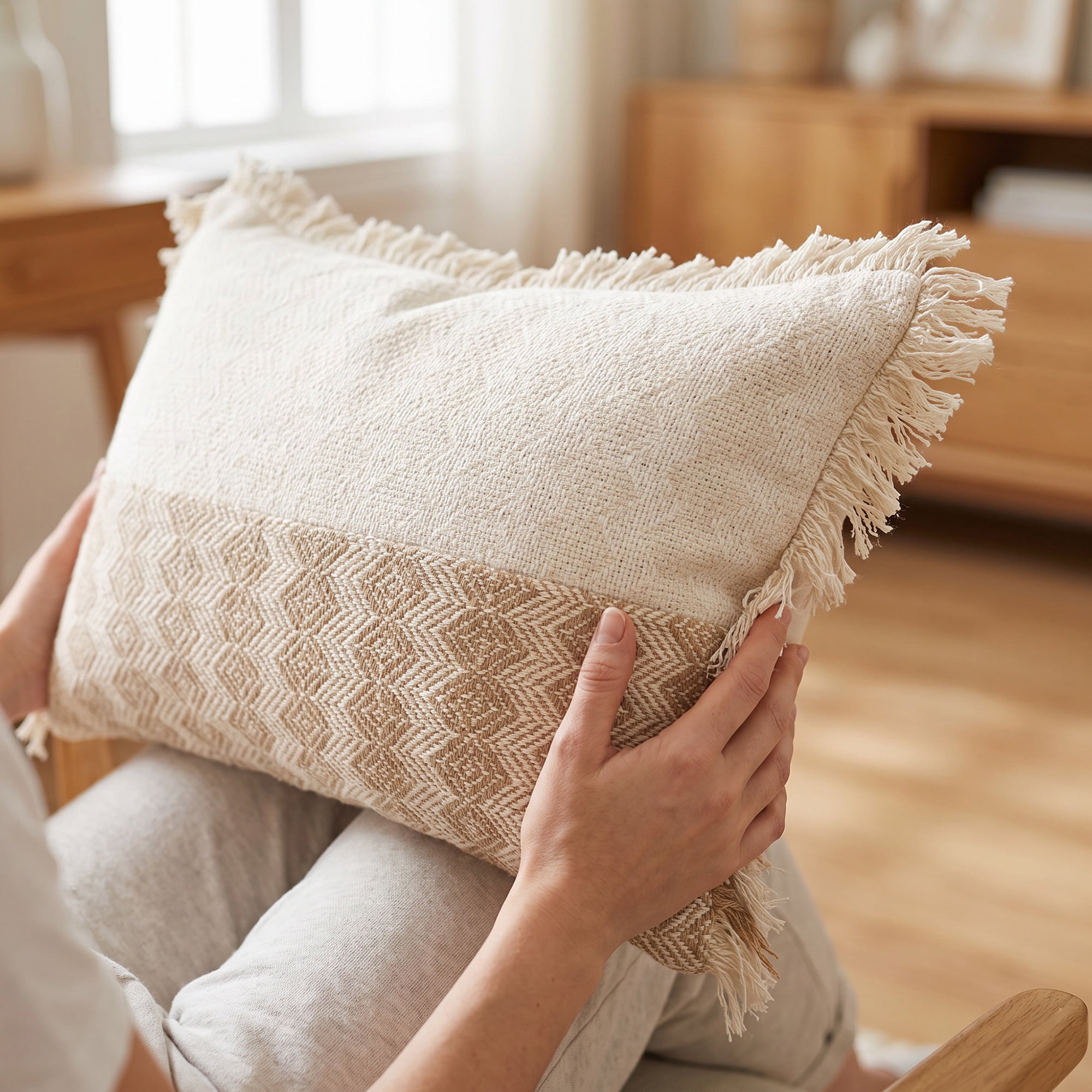 Unique Bargains Linen Colorblock Tassel Throw Pillow Covers Cushion Cases Beige 20"x12"