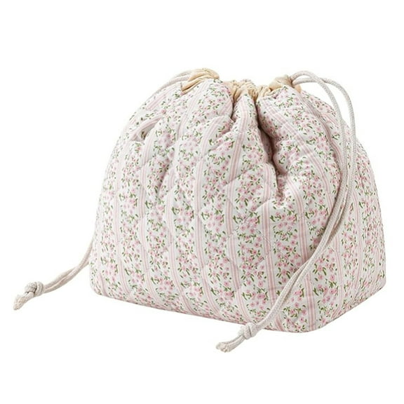 Drawstring Cosmetic Bag, Lightweight Quilted Travel Toiletry Pouch for Makeup Organizer, Coquette Style Cotton Gift for Women, Girls, Teens | Machine Washable