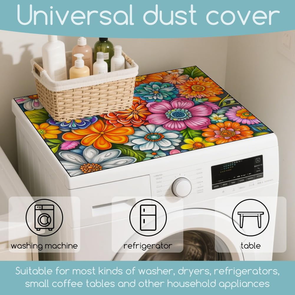 Boho-Flower Washer Dryer Dust Cover 23.6×19.7inch Mandala Washing Machine Top Protector Pads Non Slip Washing Machine Top Covers