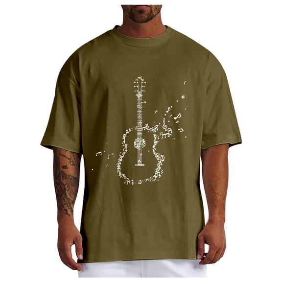 Rggeeun Men'S T-Shirt Classic Watercolor Guitar Graffiti Cotton Blend Knit Short Sleeve Crew Neck Relaxed Fit For Club Party Vintage Tee,Army Green,L