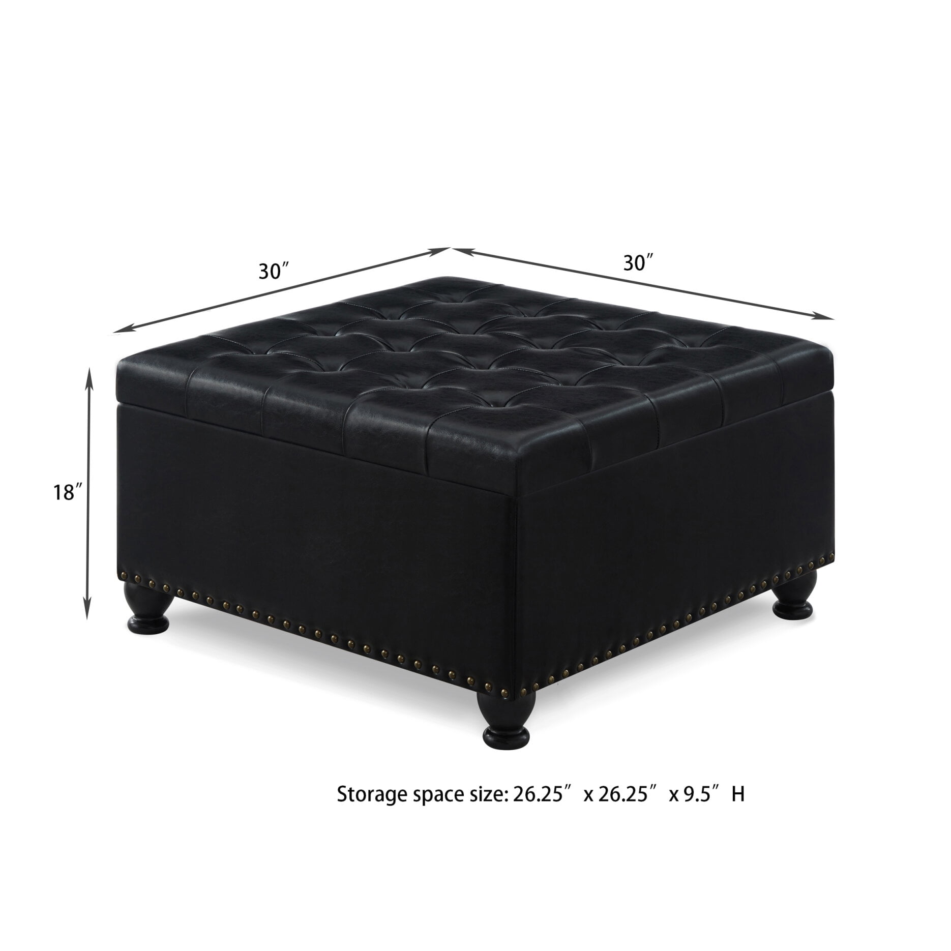 Ottoman with Storage, Large Square Coffee Table with Wooden Legs, Upholstered Button Tufted Storage Ottoman, Coffee Tables with Nail Trims for Living Room Bed Room Apartment, Black PU