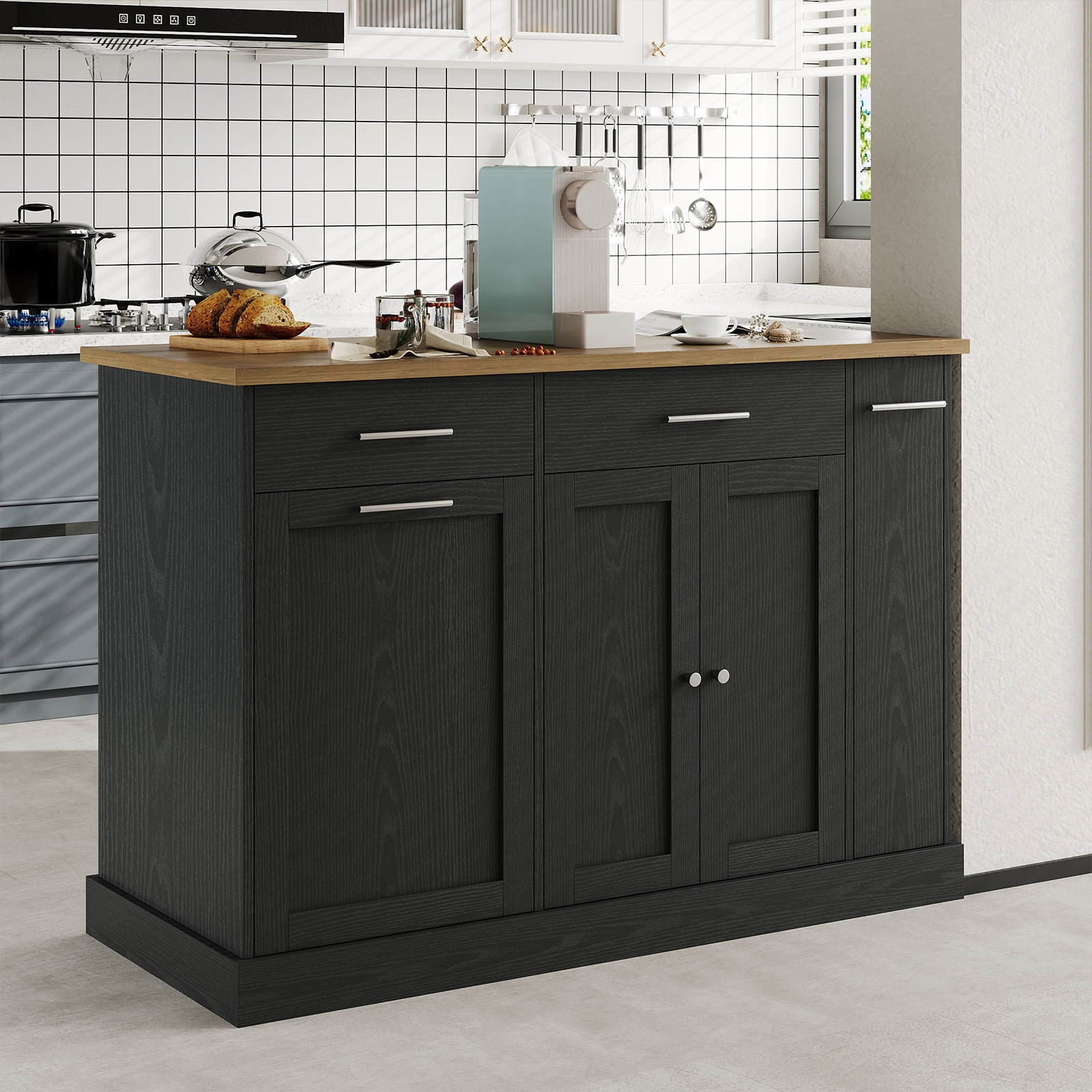 4 EVER WINNER Rolling Kitchen Island on Wheels, Mobile Kitchen Cart with Trash Can Storage, Spice Rack & Towel Rack, Kitchen Island Table with Storage, Easy-Move Kitchen Storage Island, Black