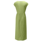 CTEEGC Summer Pockets Dress for Womens Short Sleeve V Neck Casual Dresses Cotton Linen Pleat Knee Length Sundress Midi Dress