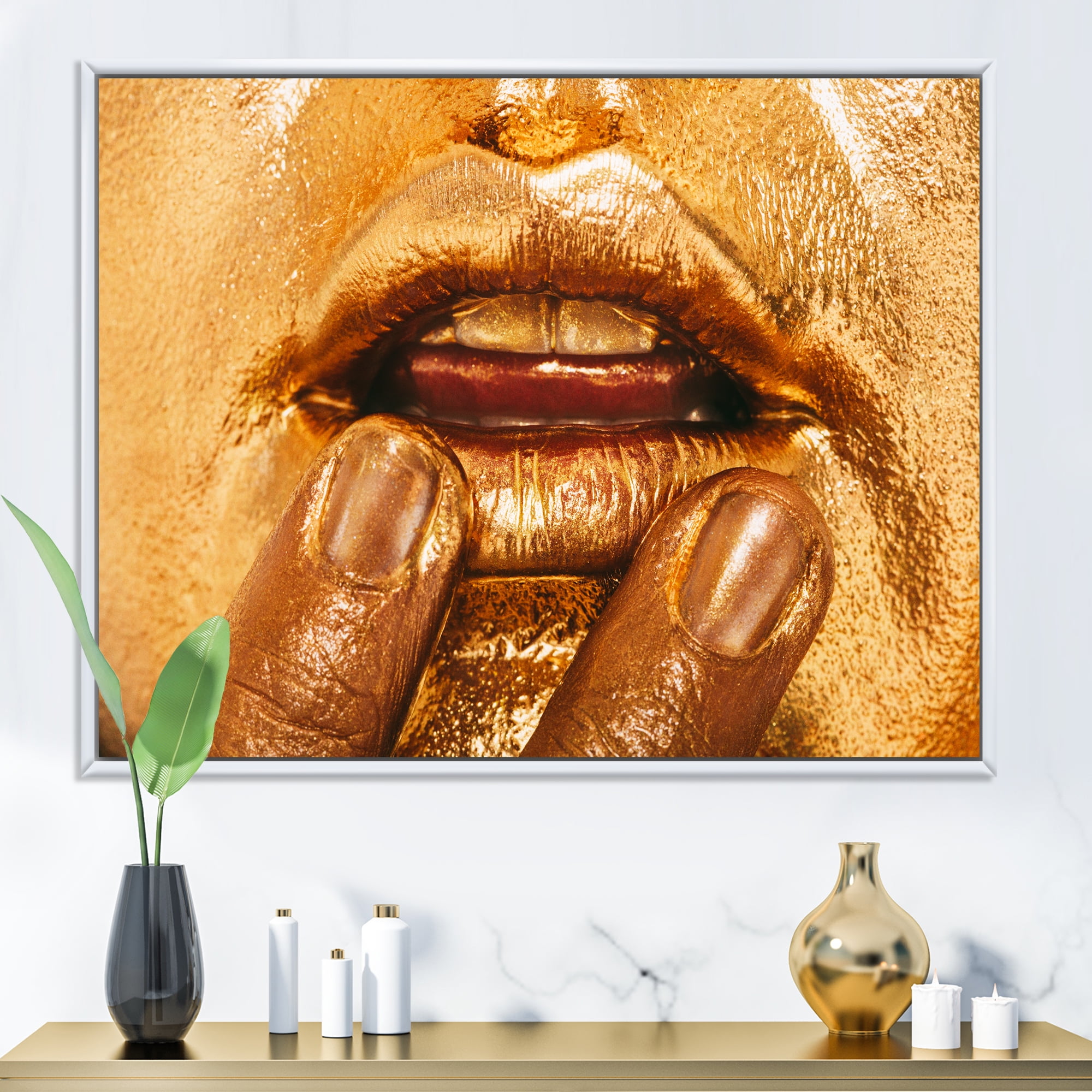 Designart 'Close Up Of Female Lips With Bright Golden Makeup i' Modern Framed Canvas Wall Art Print