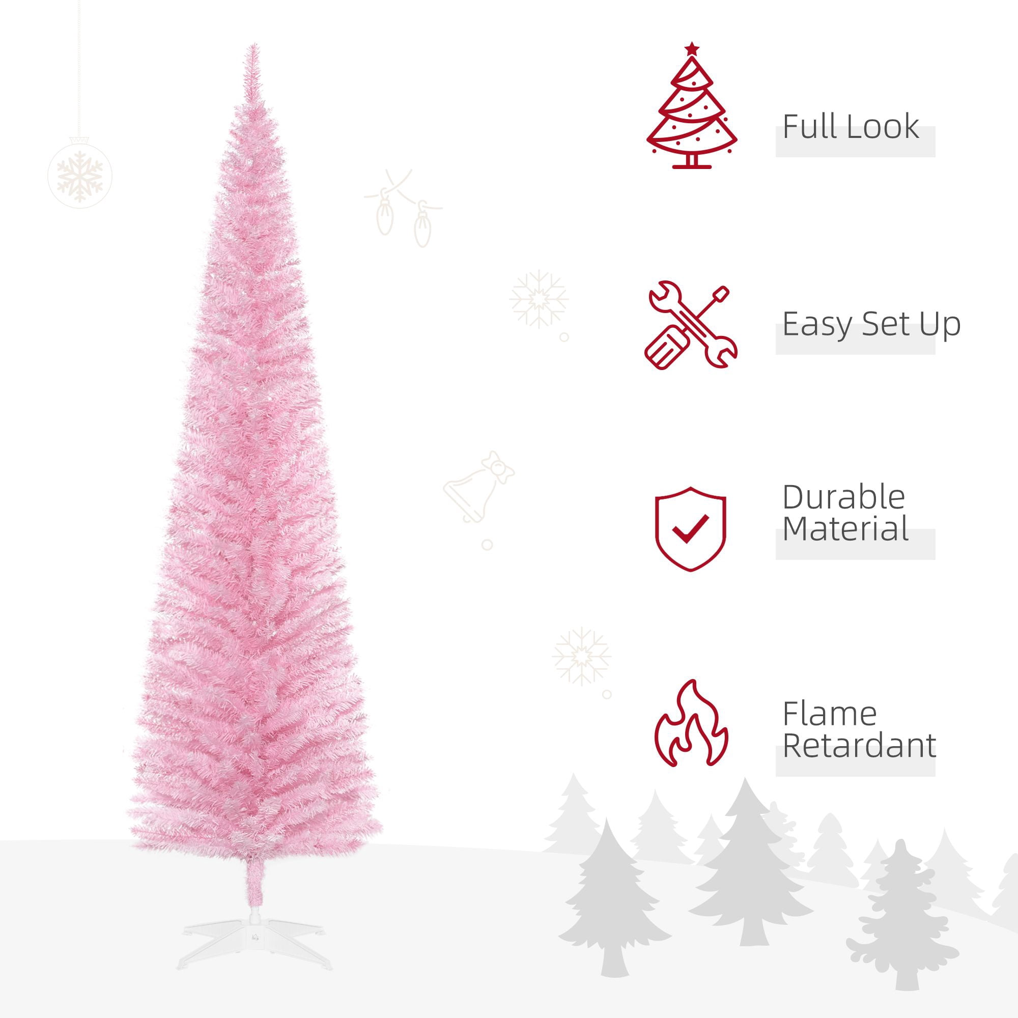 7 ft Artificial Pencil Christmas Tree, Slim Unlit Xmas Tree with 499 Branch Tips and Plastic Stand for Small Rooms and Apartments