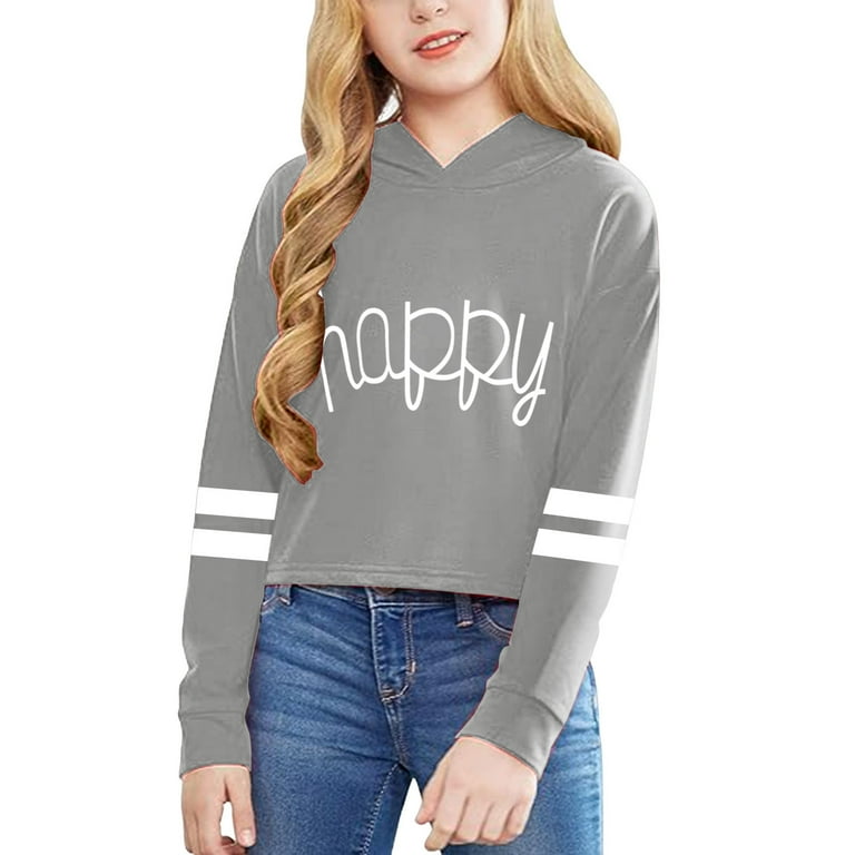 Toddler Kids Sweatshirts Girls Sweatshirt Girls Casual Loose Short Sleeves Hooded Pullover Letter Print Striped Teen Crop Tops Holiday Vacation