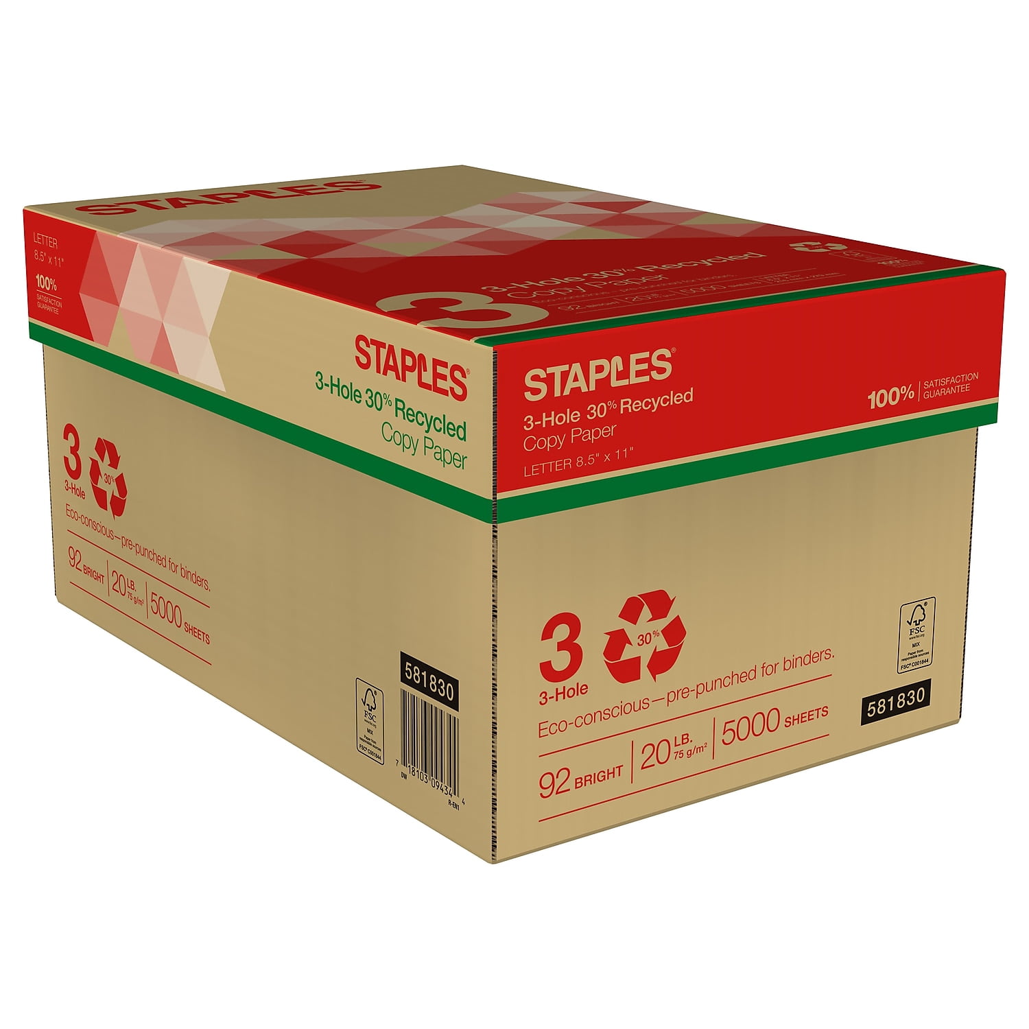 Staples 30% Recycled 8.5" x 11" Copy Paper 20 lb 92B 500/RM 10 RM/CT 112370