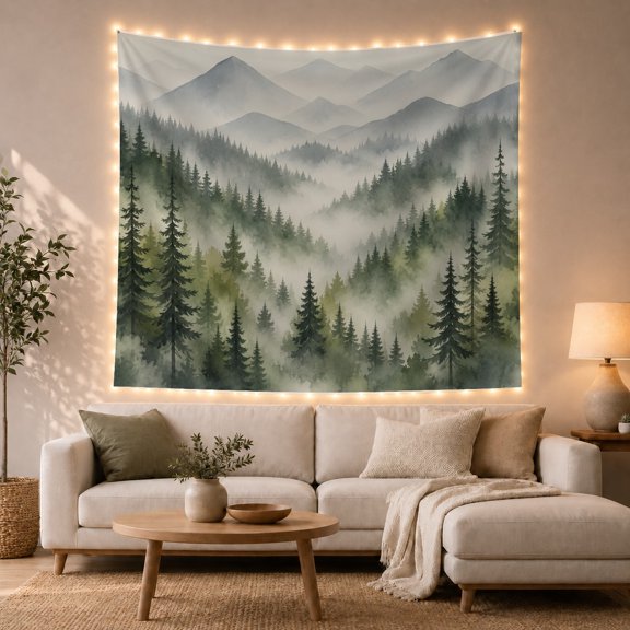 Misty Evergreen Forest Landscape with Layered Mountains in Background Serene Watercolor for Nature Lovers Forest Wall Art Housewarming Gift Tapestry Wall Hanging for Bedroom and Living Room