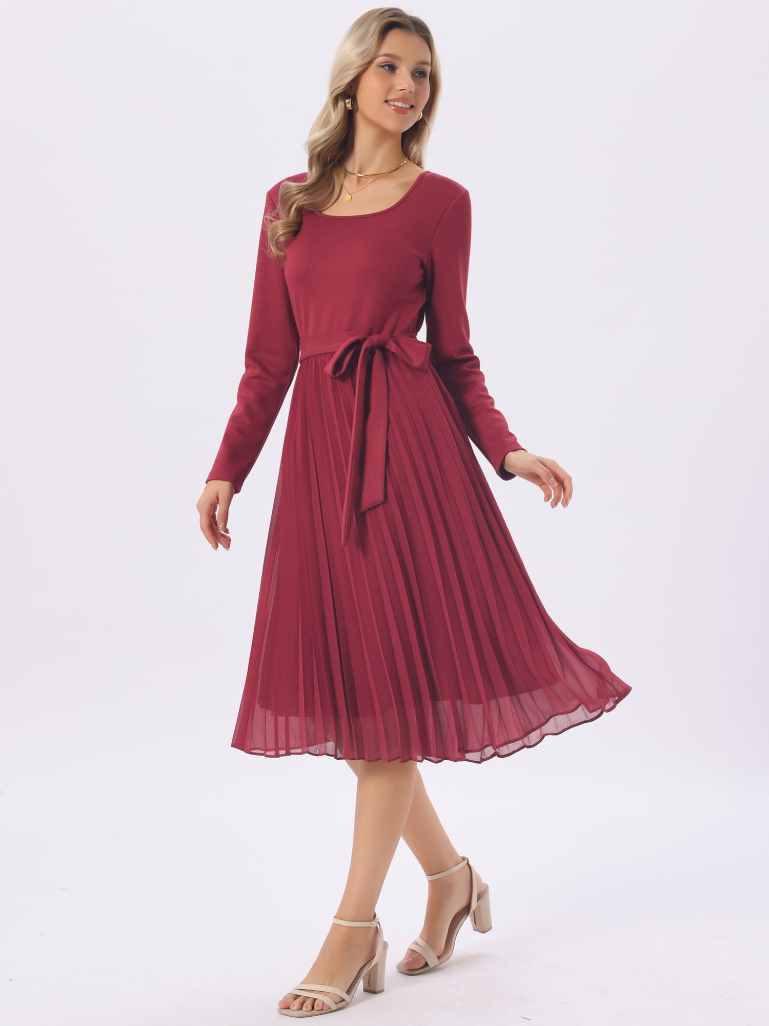DARING DIVA Women's Pleated Crewneck A Line Flowy Long Sleeve Dress XL Wine Red