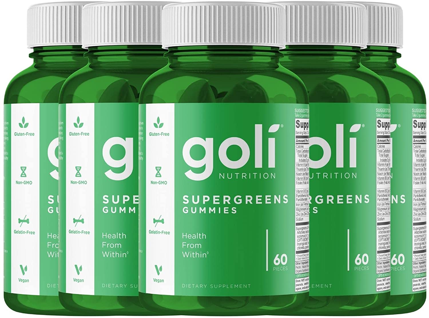 Goli Nutrition Supergreen Gummies, 60 Count, Fruit Blend Flavor (5Pack)