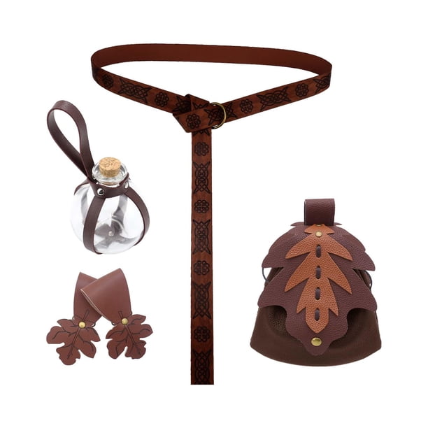 5 piezas de cinturón medieval, falda, senderismo, botella, vintage, de piel sintética, para fiestas y vacaciones. Marrón