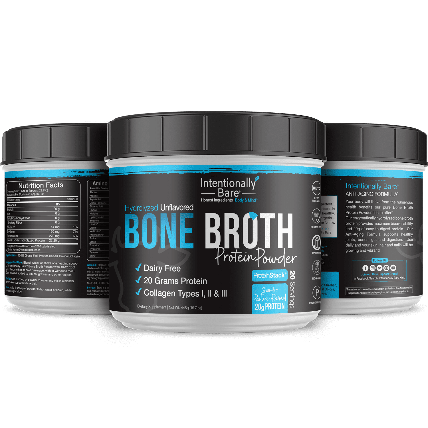 Bone Broth Protein Powder- 20 Grams Protein - Collagen Types 1, 2 & 3 - Grass-Fed, Pasture Raised Cows - Dairy Free - Unflavored - 20 Servings