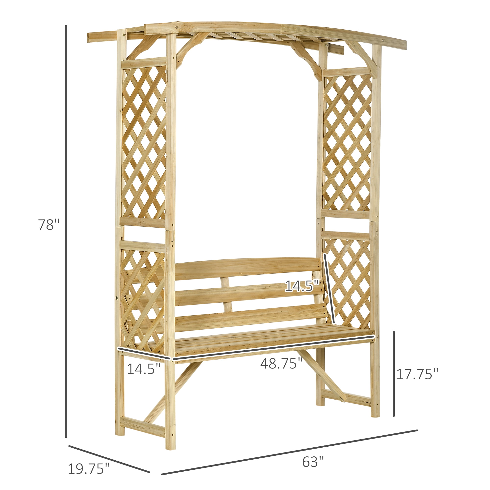 Patio Garden Bench Arbor Arch with Pergola and 2 Trellises, 3 Seat Natural Wooden Outdoor Bench for Grape Vines & Climbing Plants, Backyard Decor, Natural