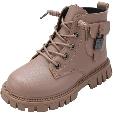 

Children Leather Boots Girls Fashion Autumn Winter New Casual Comfortable Short Boots Warm Kids Versatile Anti-slip Cotton Boots (Khaki 30(Inner 18.4cm))