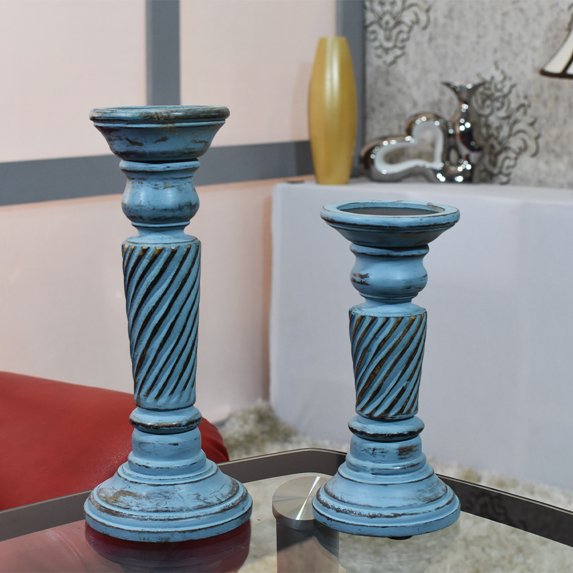 Handmade Wood Eco-Friendly Traditional Antique Dusk Set of Two Pillar Candle Holder