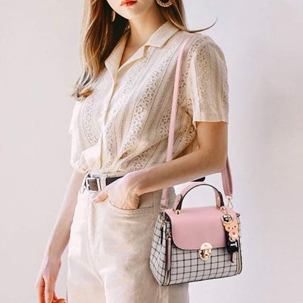 VONGEM Women's Pink Plaid Crossbody Bag with Bear Pendant photo 6