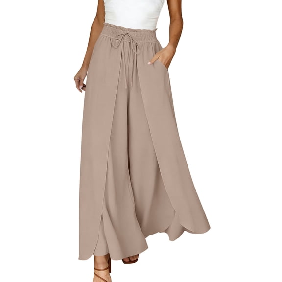 Nhthy Women's Summer Boho Split Long Pants, Wide Leg Pants Skirt Elastic Waist Full Length Casual Trousers Khaki XL