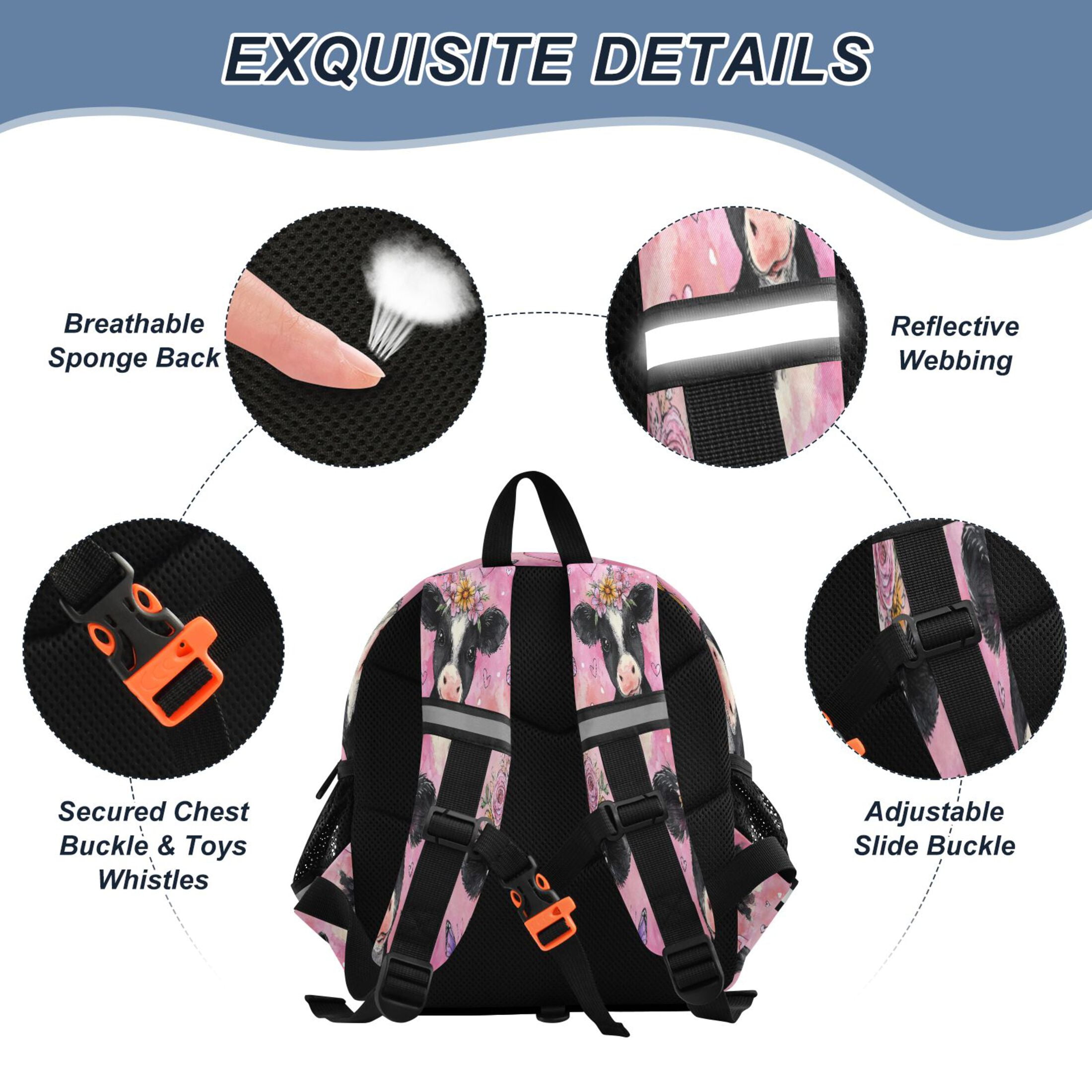 RMDQTR Adorable Ear-Print Backpack with Reflective Strip and Anti-Lost Leash Adjustable Shoulder Straps Mini Travel Backpack Cute Baby Cows with Flowers