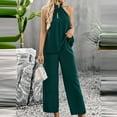 thumbnail image 4 of Women's 2 Piece Outfits Clearance Women's Fashion Casual Spring And Summer Solid Color Round Neck Sleeveless Blouse Tops Wide Leg Pants, 4 of 5