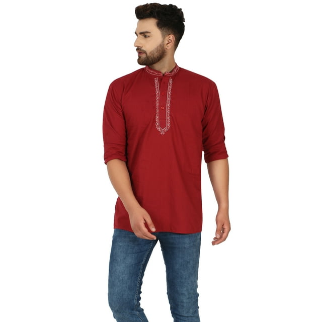 SKAVIJ Kurta Courte en Coton pour Hommes Col Rond Tunique Coupe Régulière (Grand, Red))