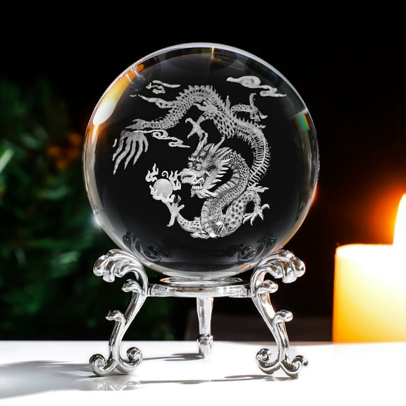 Inner Carving 12 Chinese Zodiac Signs Glass Crystal Ball Diaplay Decoration 3D Figurines Gift for Home Office Desktop Decor Dragon 60mm