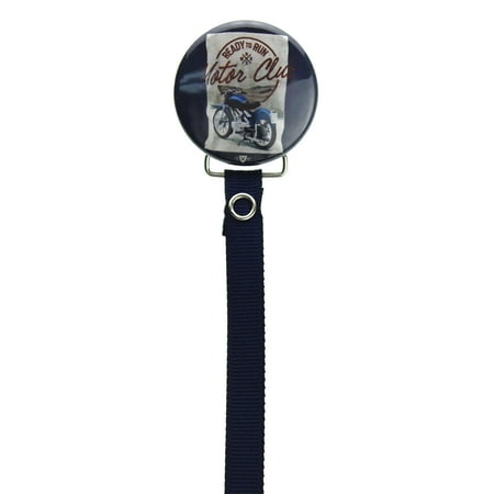 Motorcycle on Navy Background Pacifier Clip with Matching Ribbon