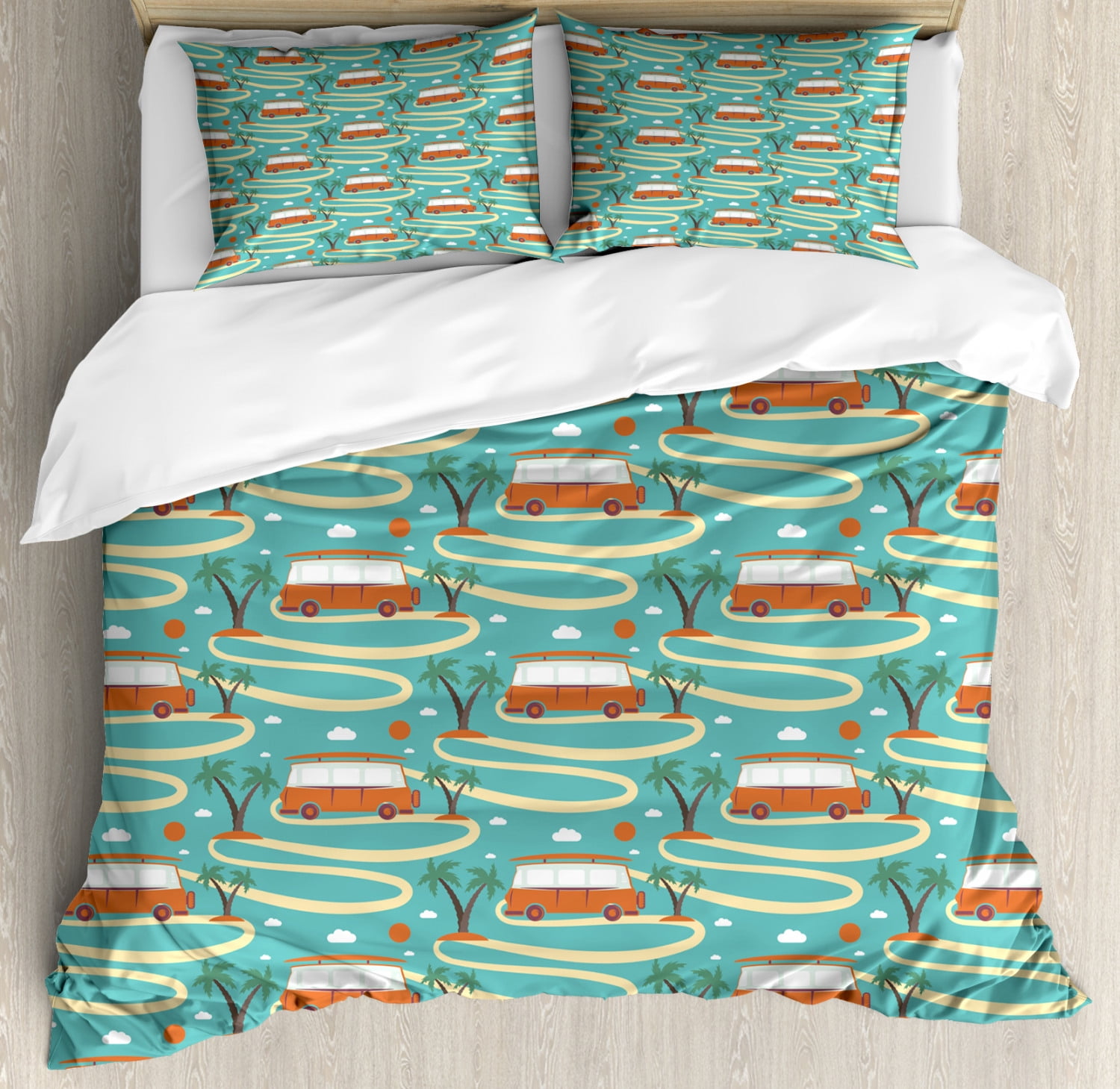 Happy Camper Duvet Cover Set, Pattern of Sun Palms and Van on Road