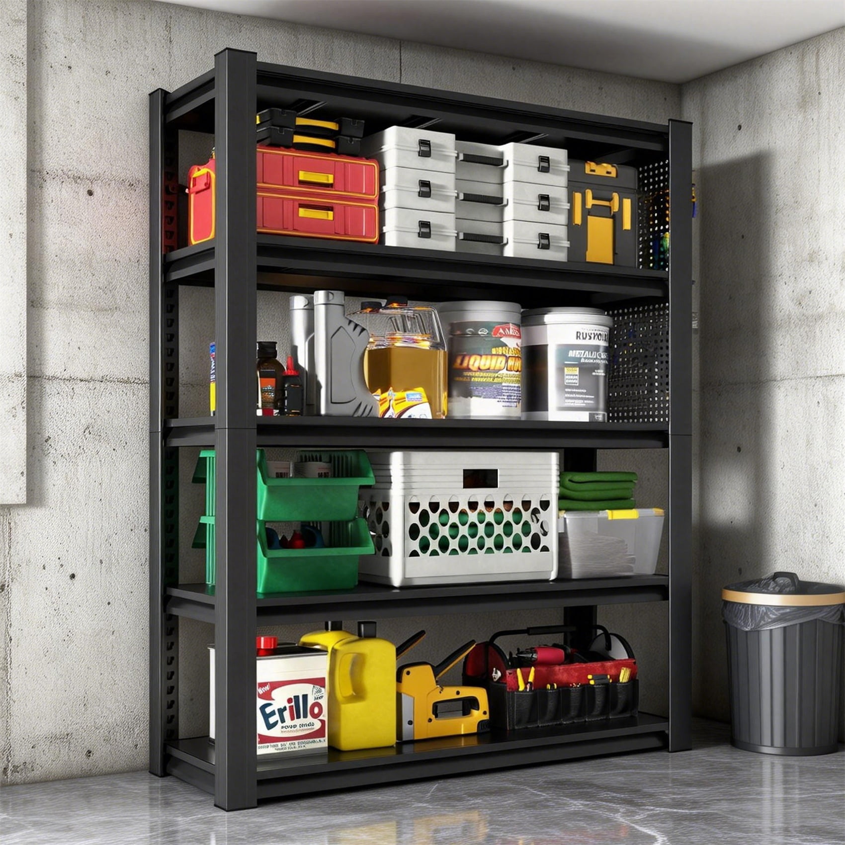 Alvantor 5 Tier Storage Shelves with Pegboard, Heavy Duty Adjustable Shelving Industrial Shelf for Garages, Offices 24"D x 47.5"W x 72"H Black