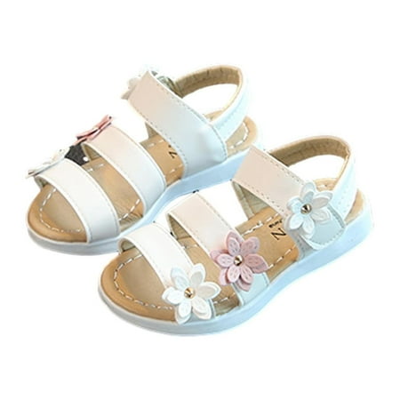 

WREESH Toddler and Kids Girls Floral Open Toe Flat Sandals: Princess Style with Soft Bottom and Roman Styled Flowers for Beachwear White
