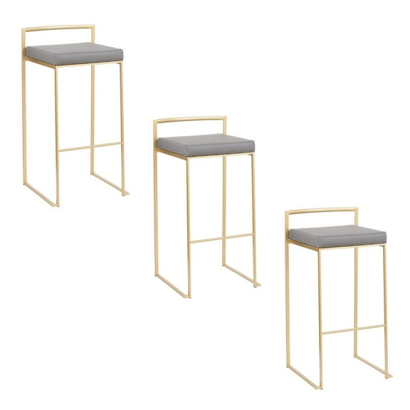 LumiSource Fuji Stacker 30" Fixed-Height Barstool - Set of 3 in Gold Metal, Grey PU color