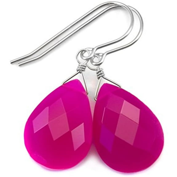 Sterling Silver Chalcedony Earrings Hot Pink Fuchsia Magenta Faceted Pear Large Teardrops Simple Drops Designed for Adult Women and s