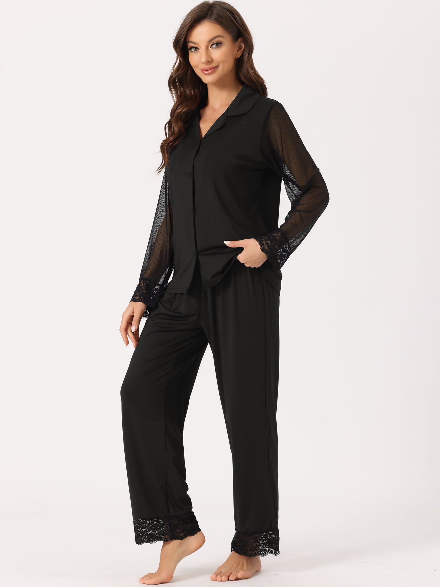 DARING DIVA Women's Button Down Shirt Sheer Mesh Sleeve Long Pants Pajama Set S Black
