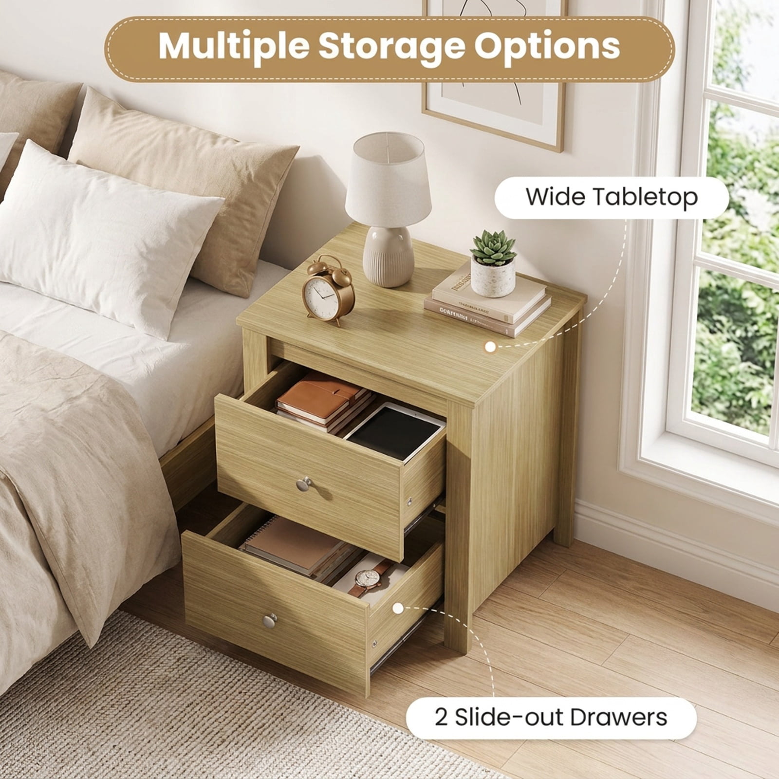 Furnibear Nightstand with 2 Drawers & Storage for Bedroom Living Room Small Spaces for Bedroom Living Room Bedside Sofa Side Small Space, Natural