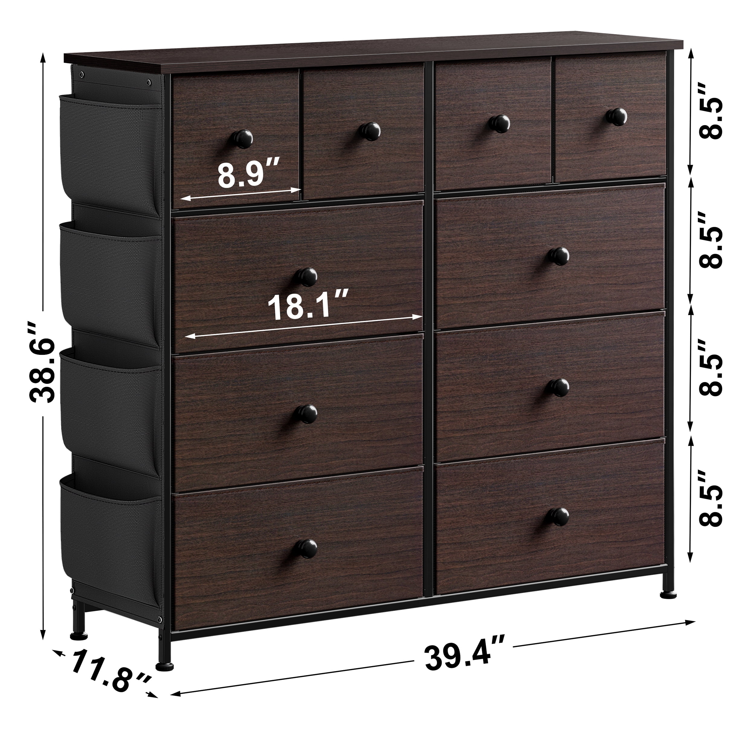 KOUSEI 10 Drawer Dresser,Fabric Dressers for Bedroom,Chest of Drawers with 4 Side Pockets,Storage Drawers,Brown