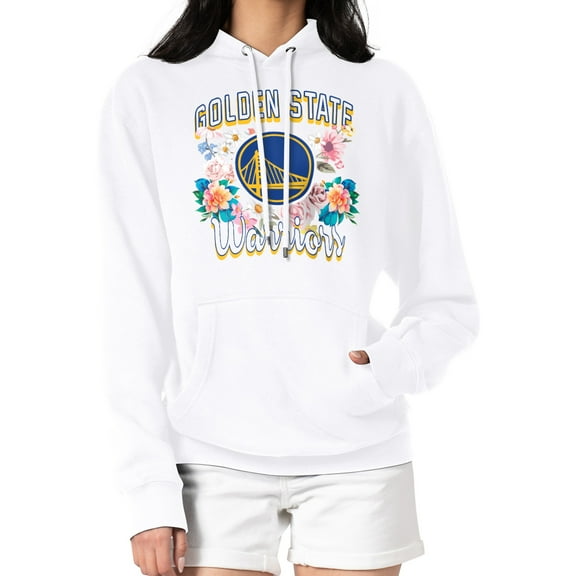 Women's G-III 4Her by Carl Banks White Golden State Warriors Flowers Team Logo Graphic Fleece Pullover Hoodie