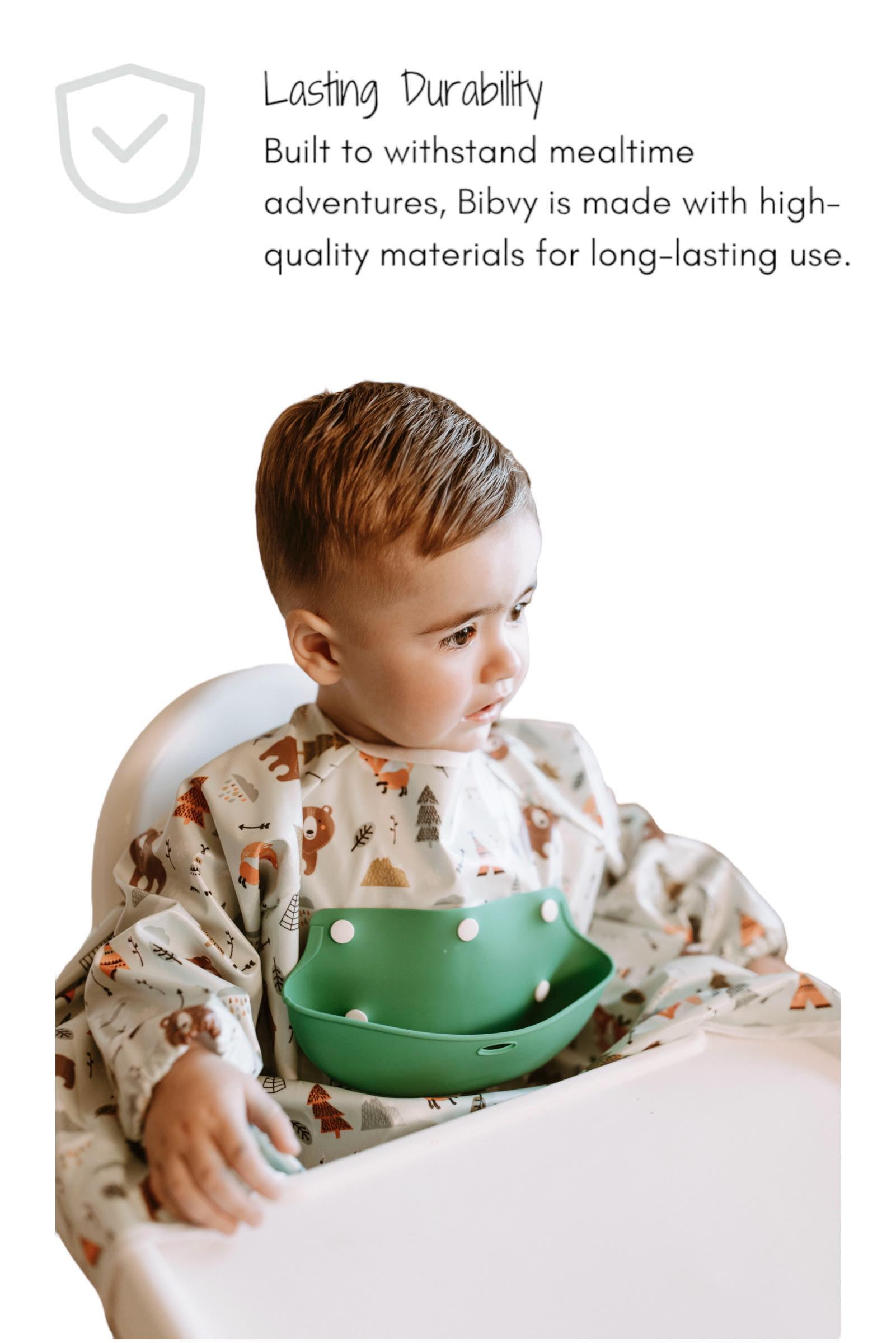 Bibvy Mess Proof Baby Bibs, Toddler Feeding, Silicone Catcher, Chair Attaching, Waterproof, 6-36 Mos
