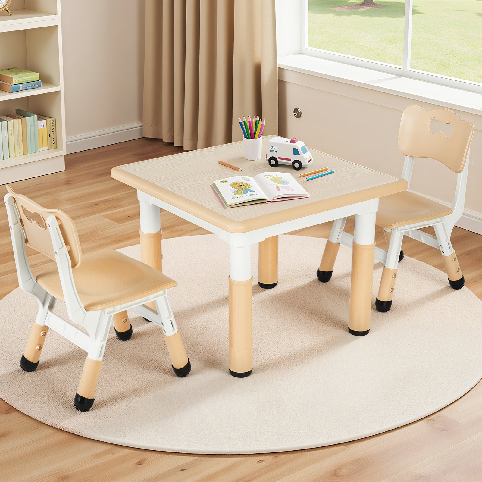 Arlopu Kids Table and 2 Chairs Set with Graffiti Desktop, Height Adjustable Toddlers Table and Chairs Set, Kids Activity Table for Home/Nursery/Daycare/Classroom