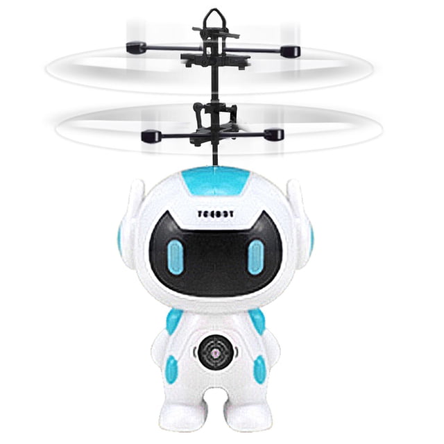 rc mano inductivo flying robot kid's flying ball mini led drone helicóptero nuevo — robot volador blanco/amarillo con silueta de muñeco, vista frontal centrada, hélices dobles girando sobre la cabeza y luces LED visibles; control por inducción de mano y control remoto, tamaño aprox. 180x55x168 mm para uso interior, ideal como regalo y juguete interactivo nocturno.