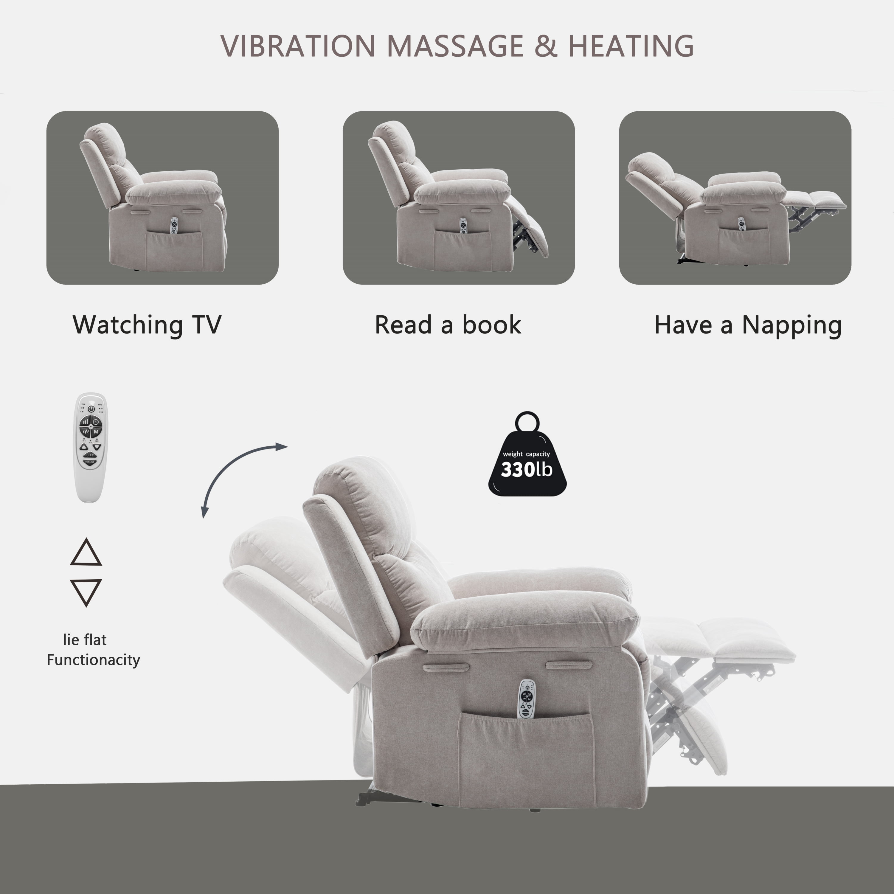 MOONMISS Velvet Adjustable Massage Function Side Pocket Power Recliner Chair with Heating System-Beige