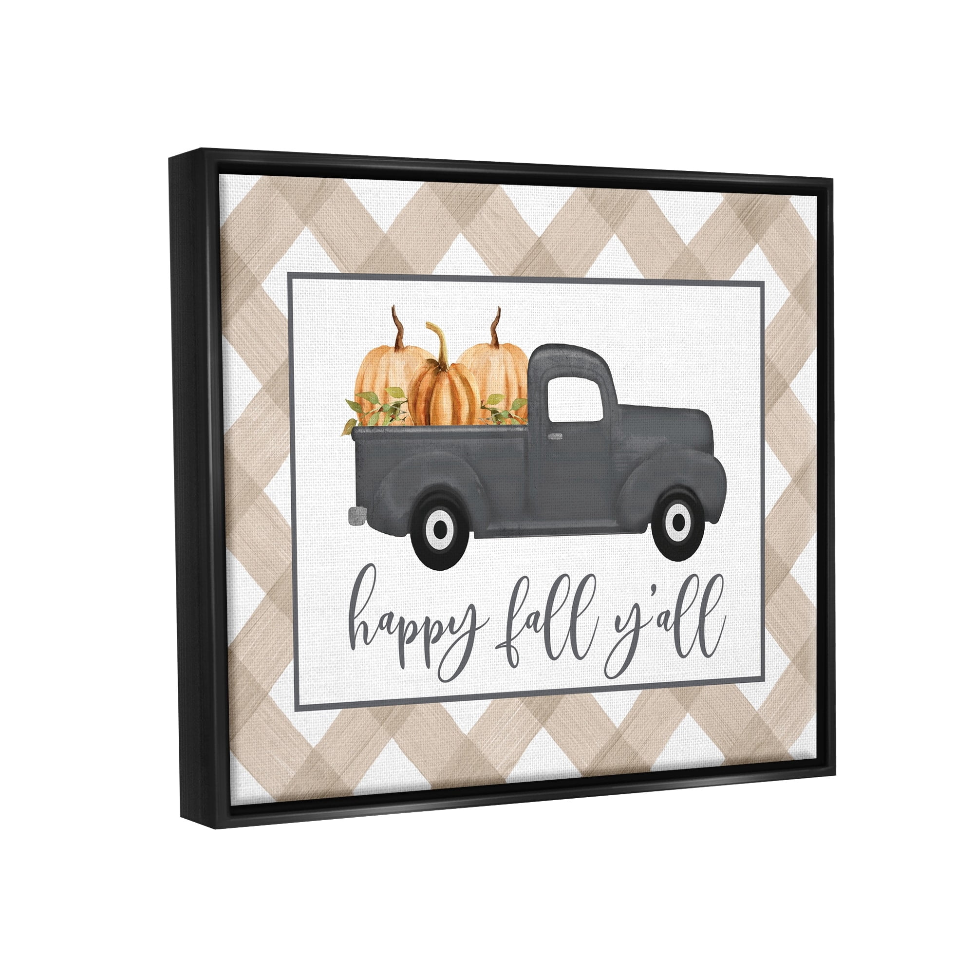 Stupell Industries Happy Fall Y'all Vintage Truck Carrying Pumpkins Graphic Art Jet Black Floating Framed Canvas Print Wall Art, Design by Lettered and Lined