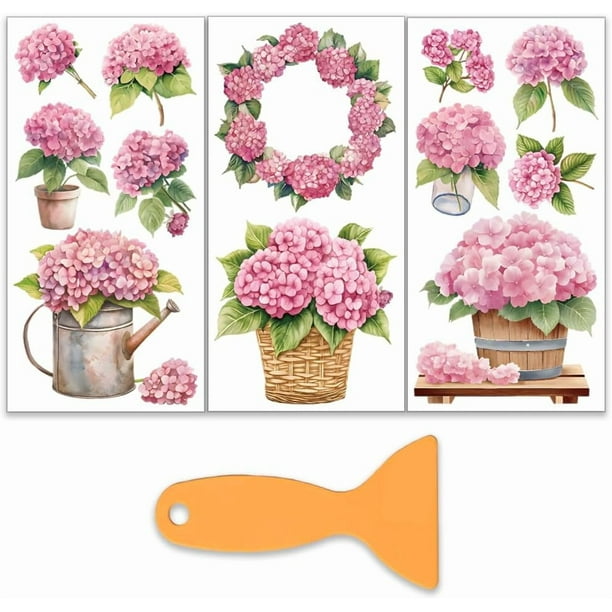 Juego de 3 calcomanías de hortensias rosas para manualidades, 15 x 30 cm (6 x 12 pulgadas), ideales para decorar muebles. Incluye 1 espátula.