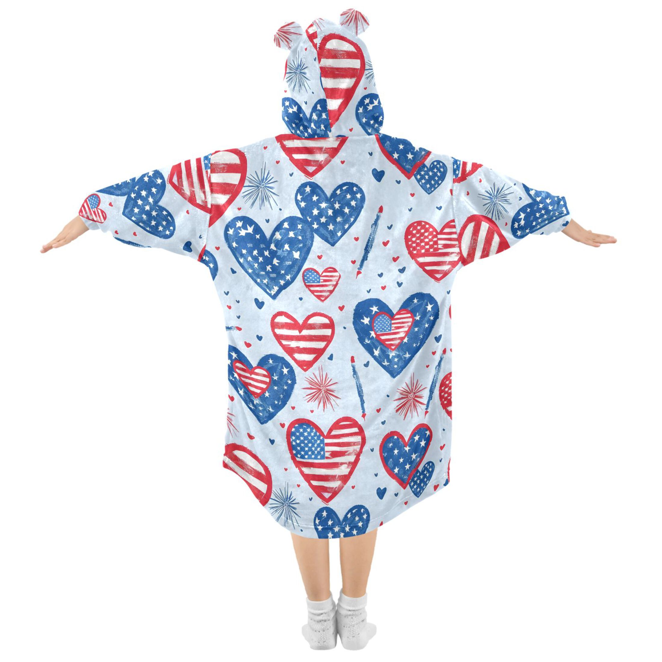 Dailycode Wearable Blanket Hoodie Oversized Sherpa Flannel Blankets with Pocket for 3-14 Year Old American Flag Heart