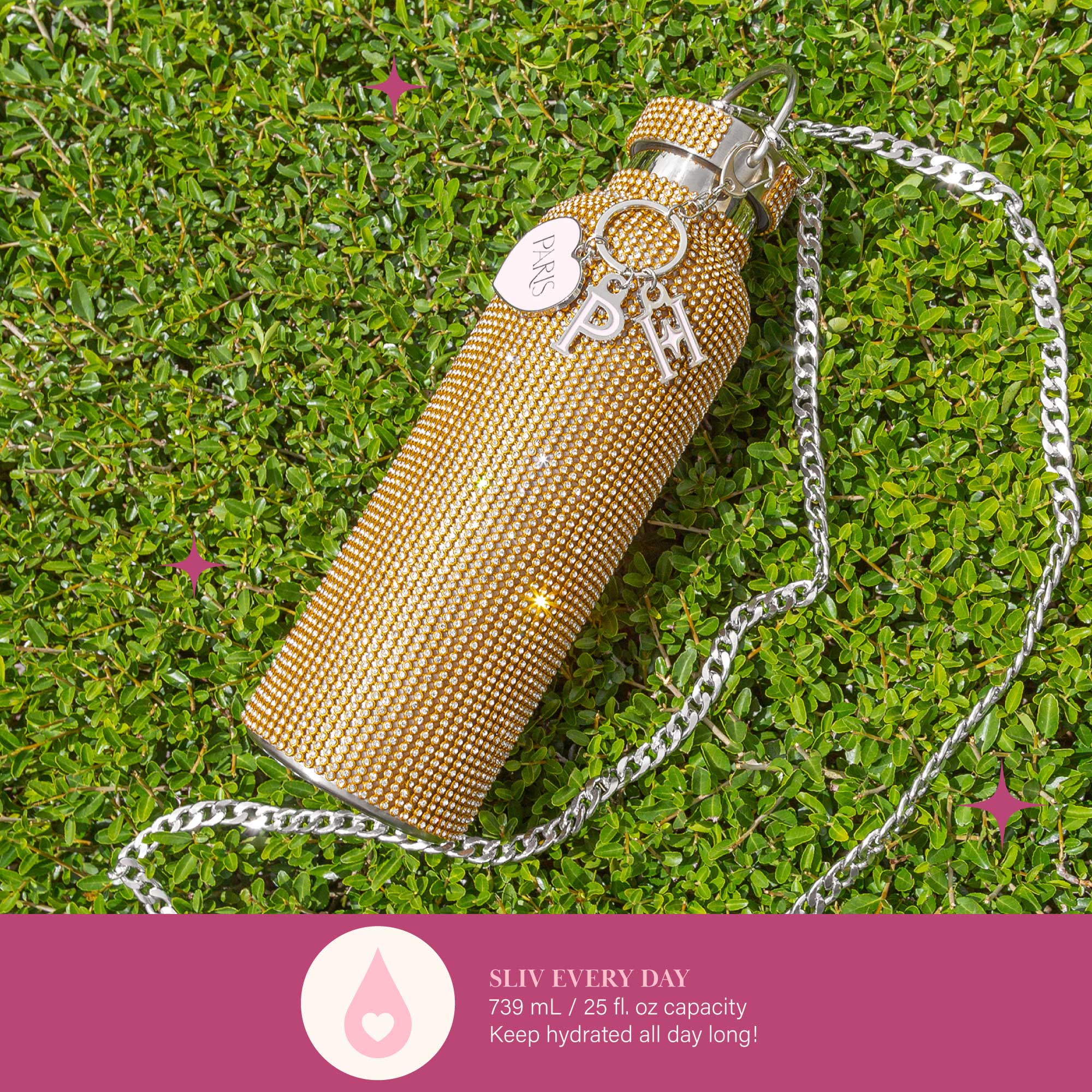 Paris Hilton Rhinestone Stainless Steel Water Bottle with Carry Strap, Gold, 25 fluid ounces