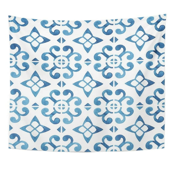 JSDART Italian Azulejo Hand Watercolor Portuguese Tiles Blue on White Wall Art Hanging Tapestry Home Decor for Living Room Bedroom Dorm 51x60 inch