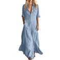 thumbnail image 2 of Blmnix Flowy Dress Woman Dress Button Down Fit & Flare Long Dresses Under Dresses 3/4 Sleeve Collared Maxi Blue Exterior Pocket Womens Summer Dress M, 2 of 6